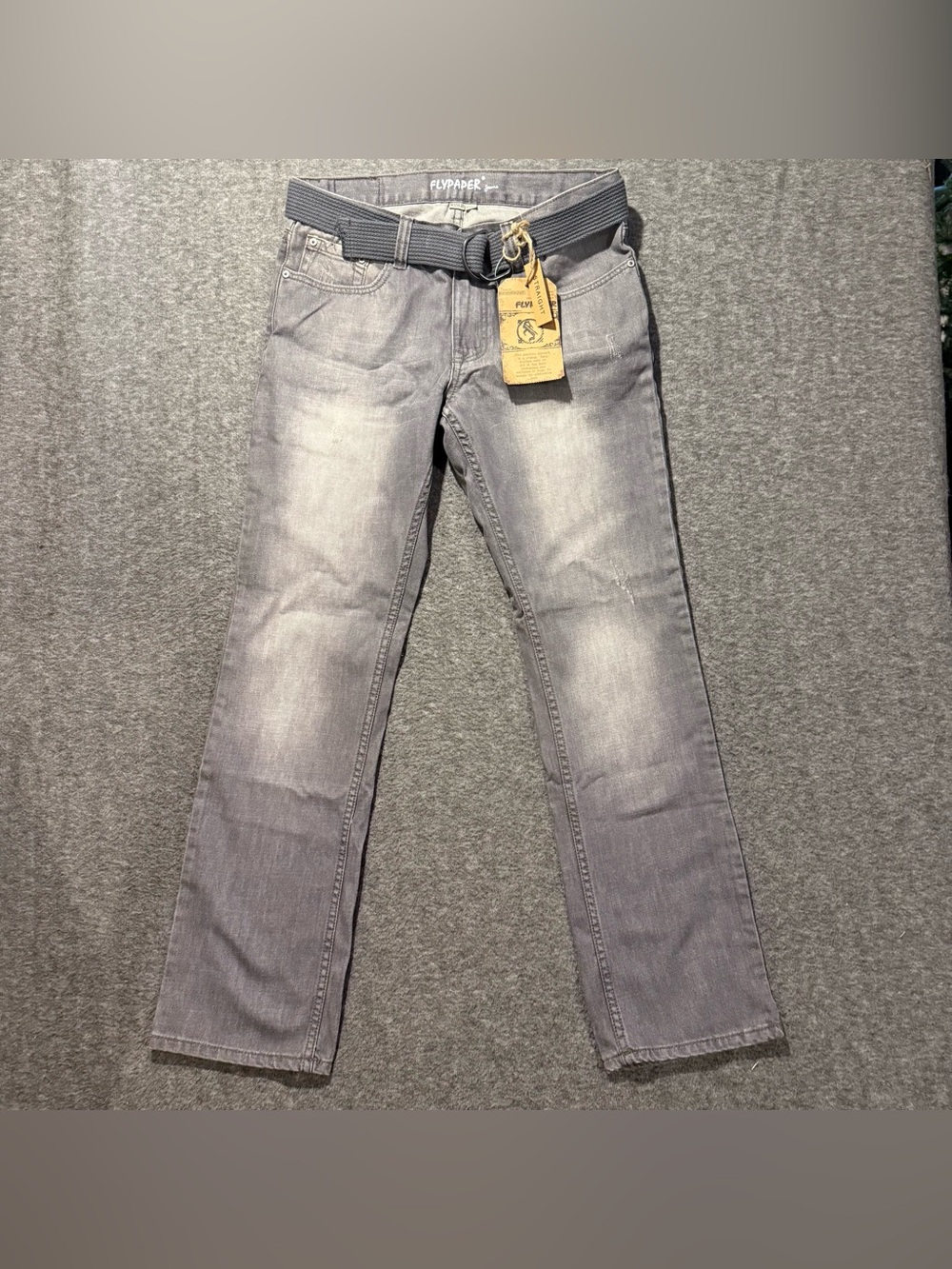 Flypaper Gray Jeans Mens 32x32 Straight Belted 100% Cotton Faded Distressed y2k